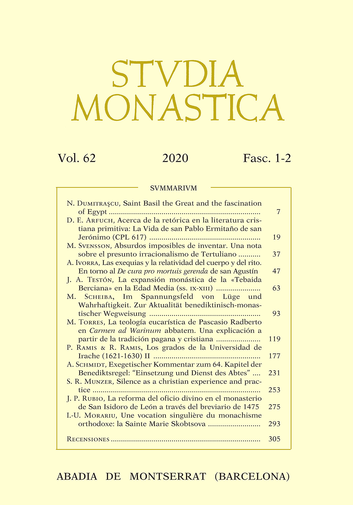 Studia Monastica. Vol. 62. 1-2 (2020)